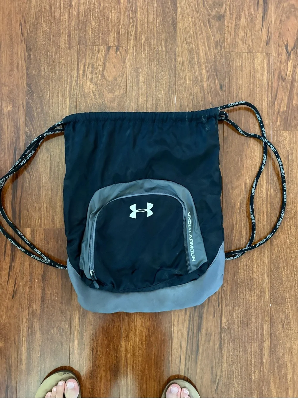 Under Armour Black and Gray Drawstring Backpack with Front Zip Pocket